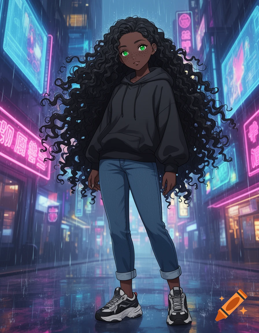 An anime black girl with long curly hair and green eyes stands in a rainy neon-lit city street at night.