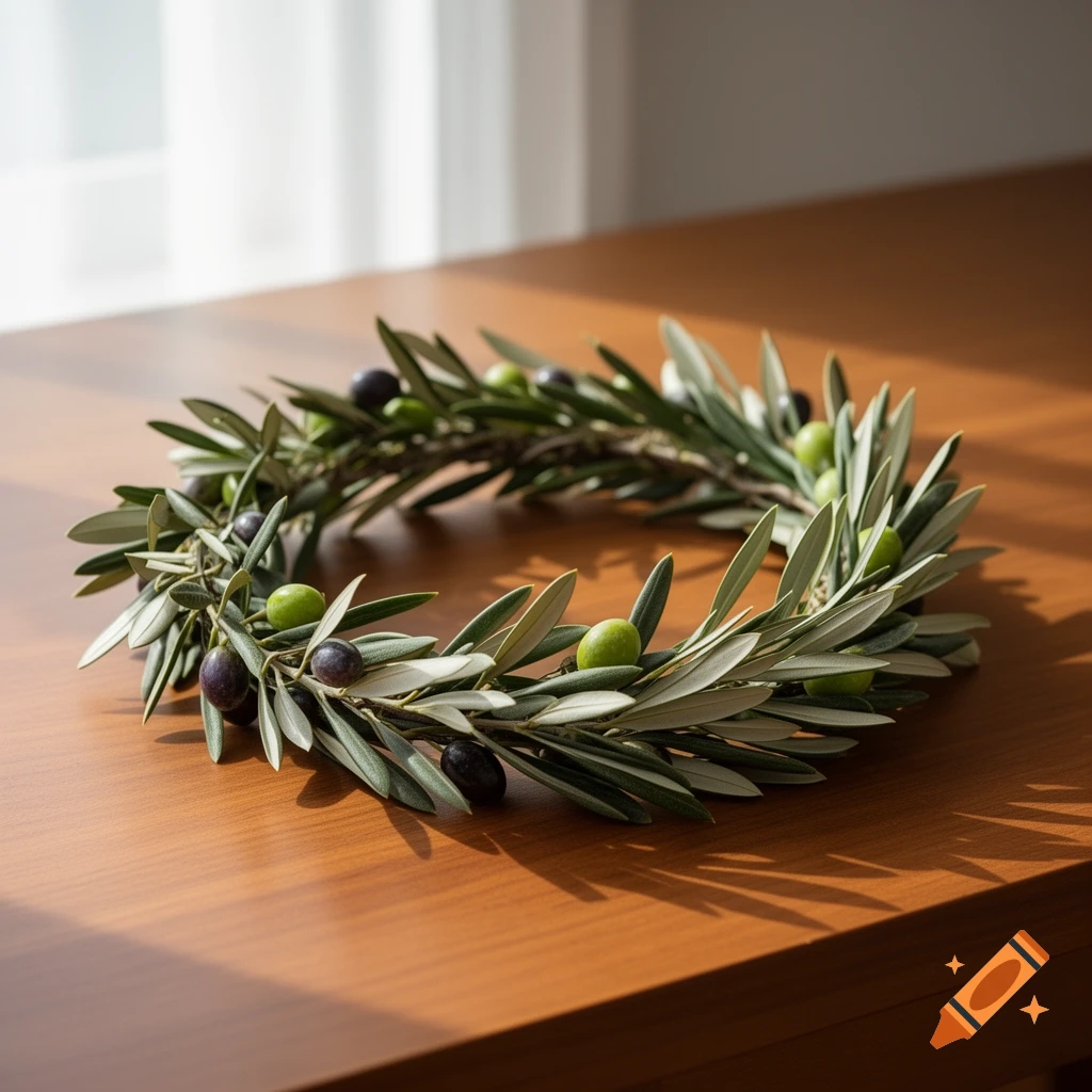 An olive wreath with green and purple olives rests on a wooden table, illuminated by sunlight from a window.