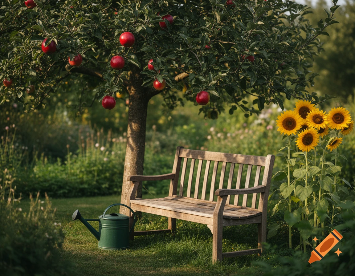 A wooden bench under an apple tree with red apples, a green watering can, and sunflowers in a sunlit garden.