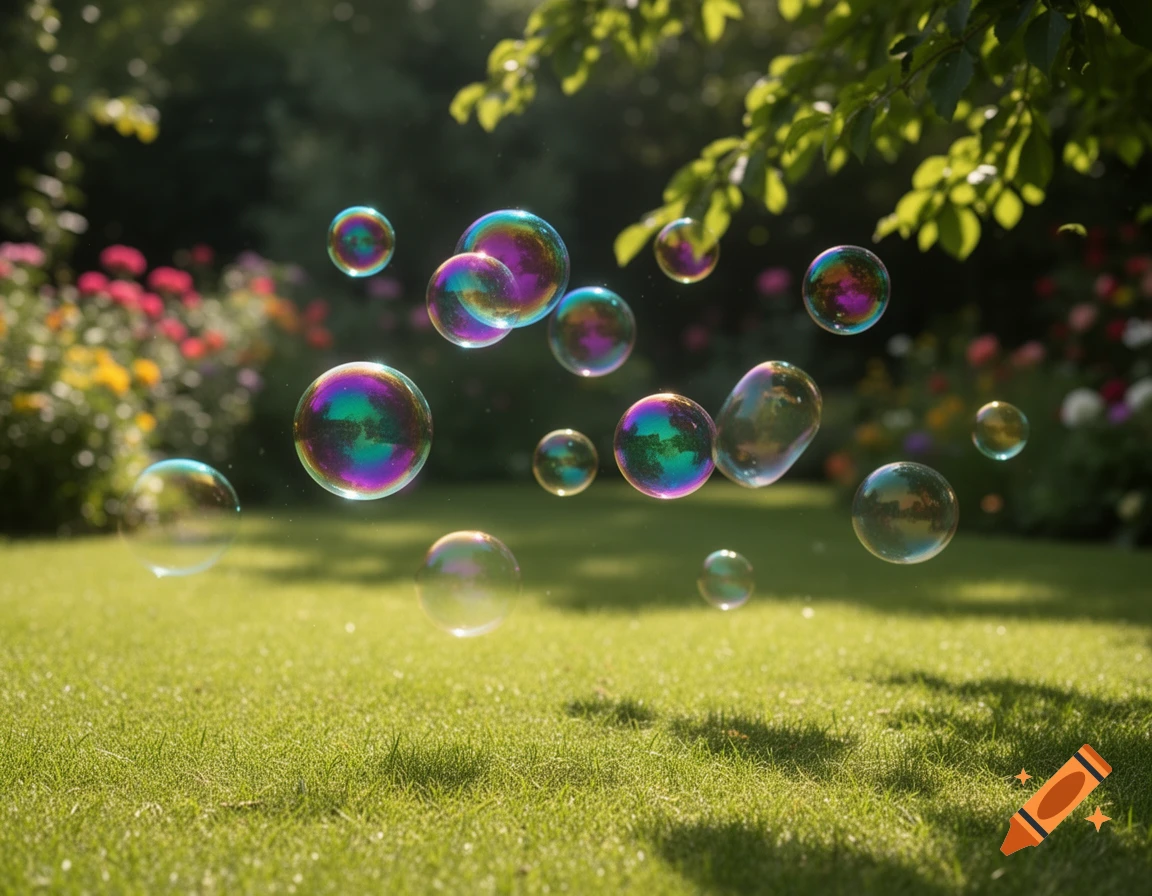 Iridescent soap bubbles float above a green lawn in a sunny garden with blurred flowers.