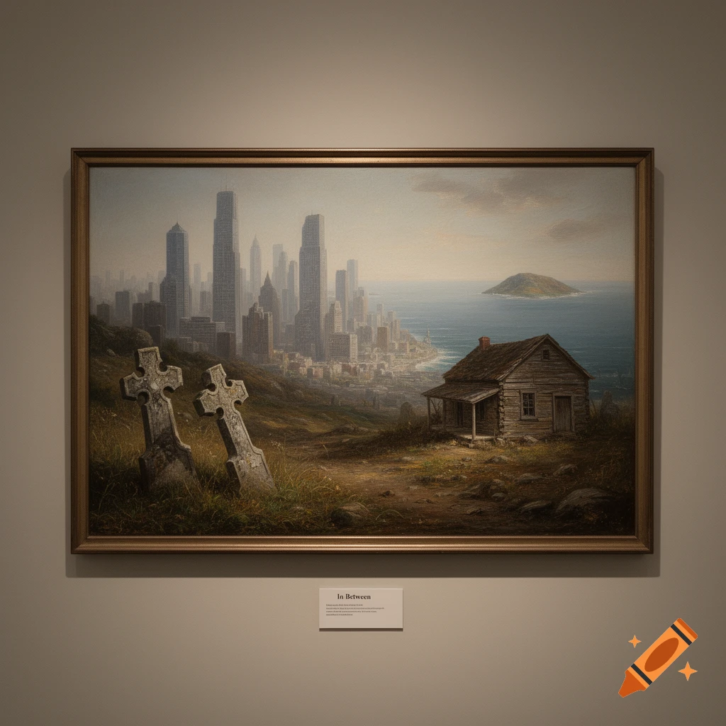 A framed oil painting in a museum, depicting a landscape with gravestones, a rustic cabin, a city skyline, and ocean.