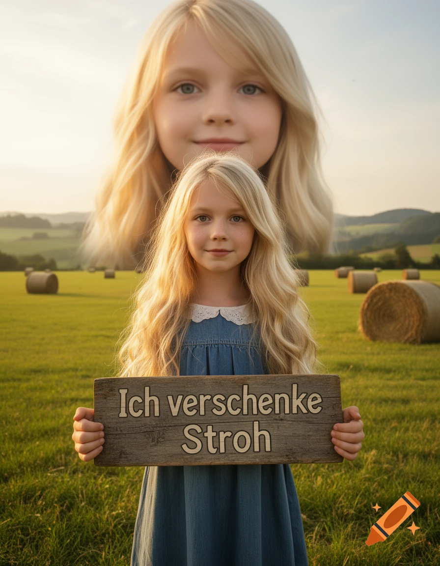 Photorealistic image of a blonde girl holding a 'Ich verschenke Stroh' sign in a field with hay bales and a larger girl's head in the background.