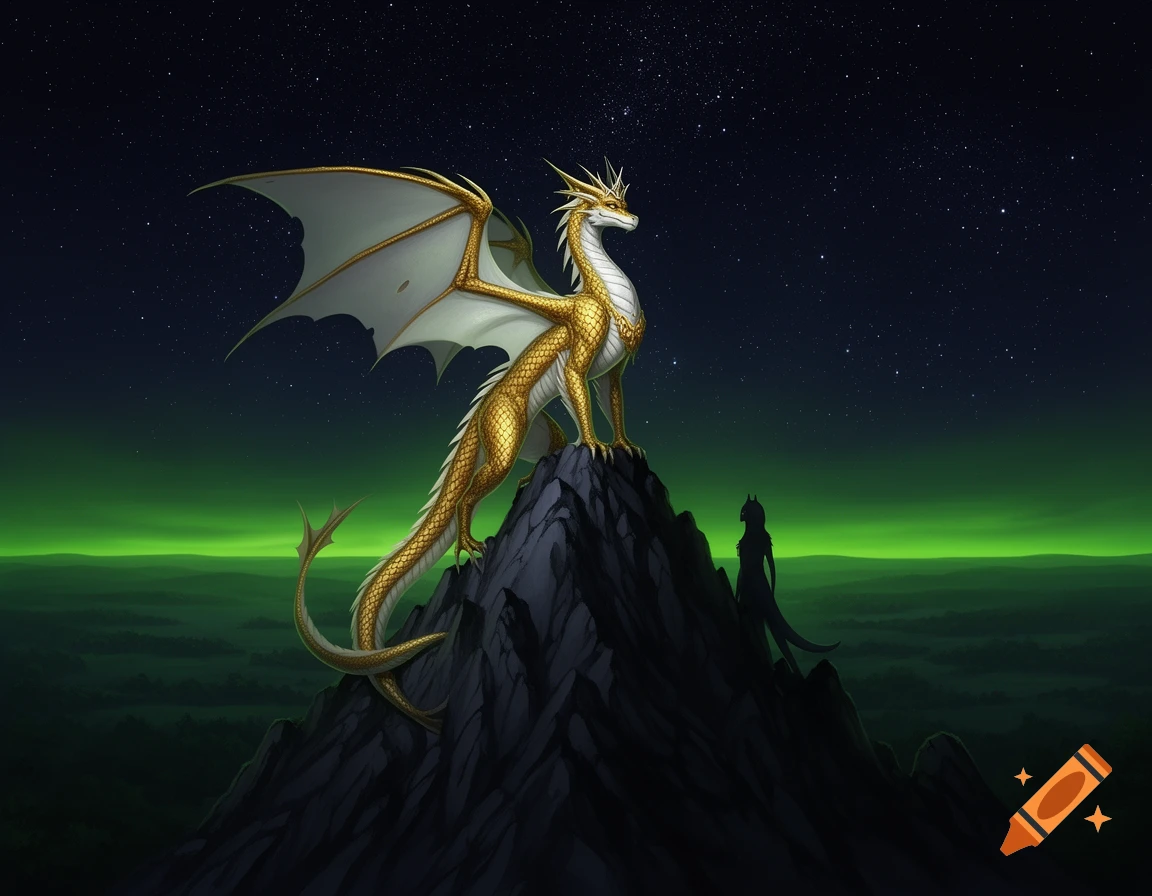 A majestic golden dragon with white wings stands atop a rocky mountain peak under a starry night sky with a green aurora-like glow, a smaller dark figure nearby.