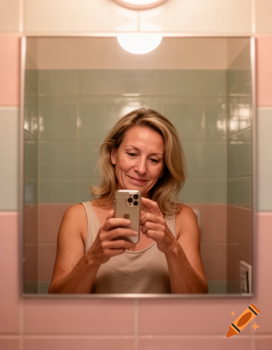 Photorealistic image of a woman taking a selfie in a bathroom mirror, surrounded by pink and green tiles.