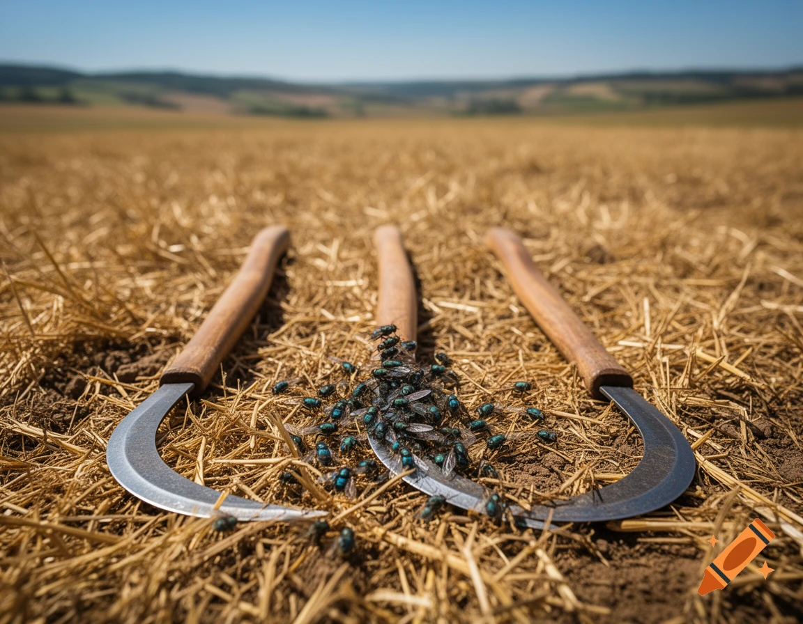 Three sickles lie in a dry field, with a swarm of iridescent blowflies gathered on the central sickle, under a clear blue sky.