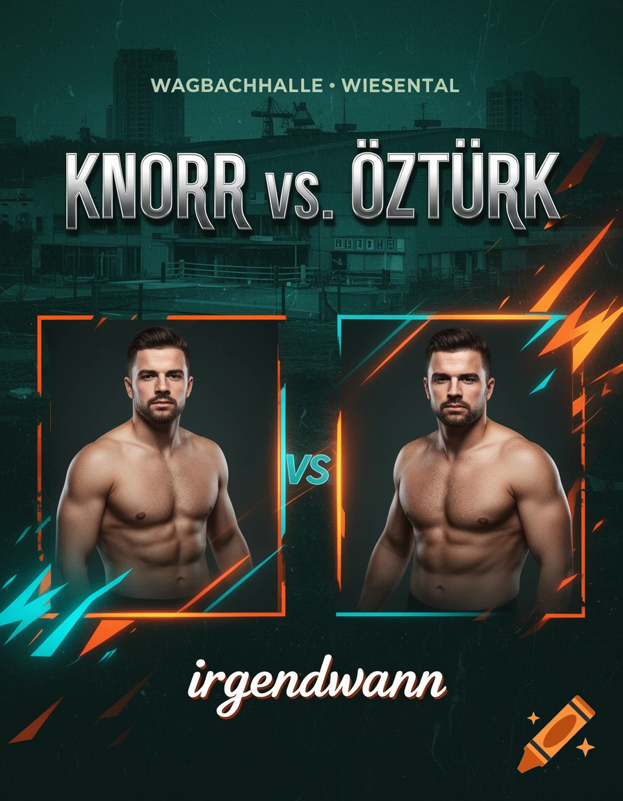 Dynamic boxing event poster featuring two shirtless male fighters, Knorr vs. Öztürk, with event details.