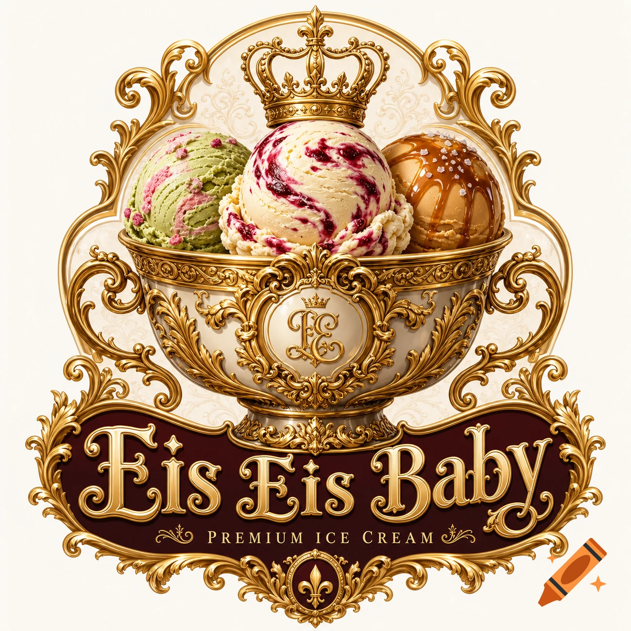 Ornate baroque logo for 'Eis Eis Baby' with a crowned golden bowl holding three scoops of ice cream (matcha, cranberry, caramel).