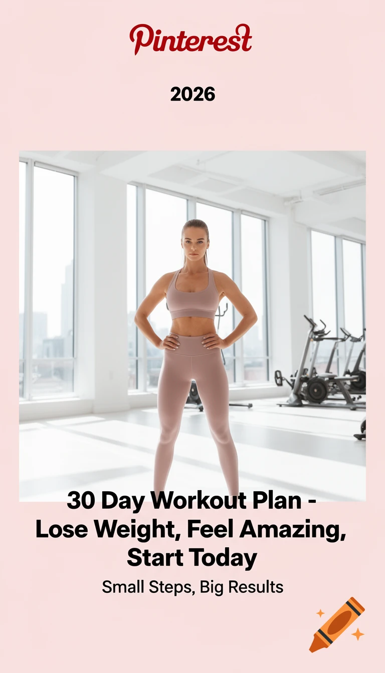 Confident woman in athletic wear in a bright modern gym, with text overlay 'Pinterest 2026' and '30 Day Workout Plan'.