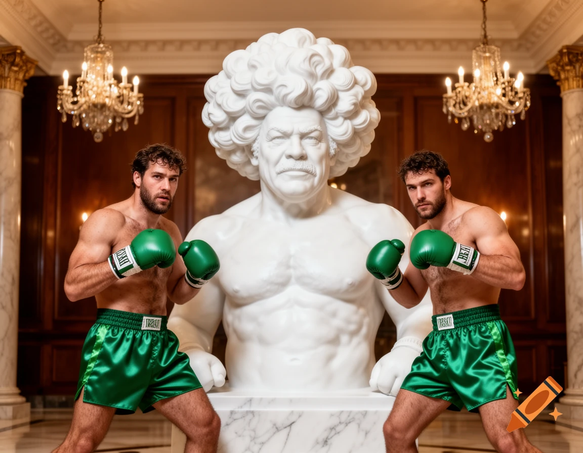 Two muscular men in green boxing shorts and gloves pose in a grand room with chandeliers, flanking a large white statue.