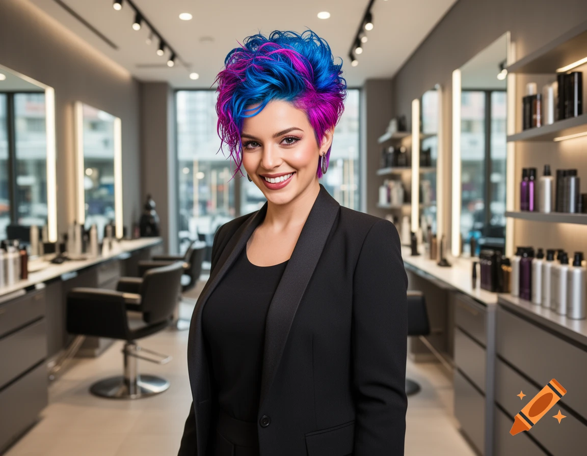 A confident woman with vibrant blue and magenta short hair smiles in a modern hair salon, photorealistic.
