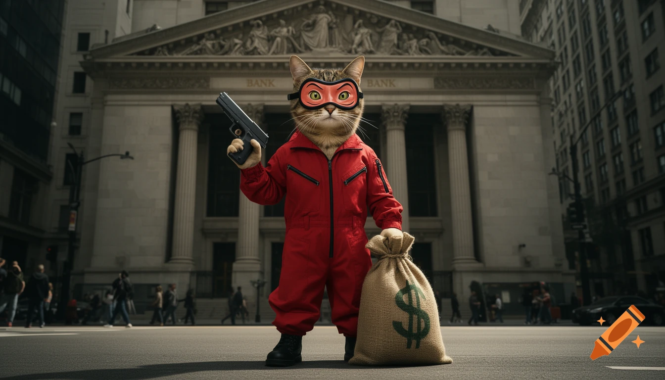 A photorealistic cat in a red jumpsuit and mask stands on a city street, holding a gun and a money bag in front of a bank.