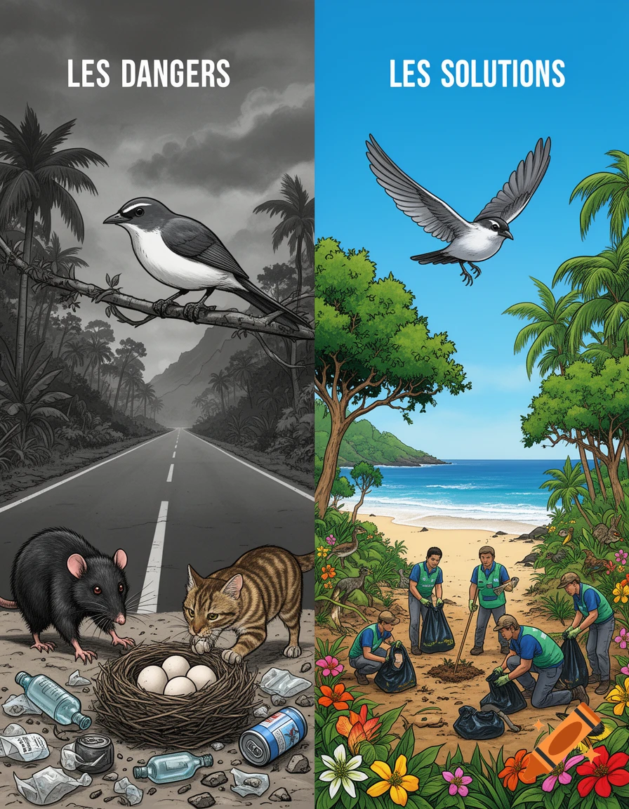 Environmental cartoon: left depicts pollution, rat, cat, bird near nest; right shows volunteers cleaning beach, planting trees, bird flying.