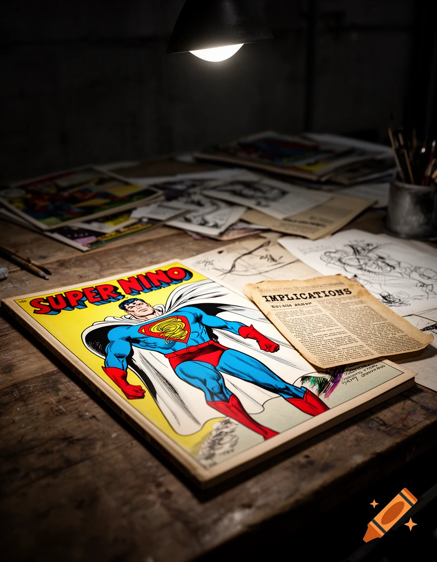 A vintage comic book titled 'SUPER NINO' featuring a classic superhero in a blue and red suit with a yellow S symbol, lying on a wooden desk next to a newspaper clipping titled 'IMPLICATIONS', under a glowing desk lamp. Various sketches and comic pages are scattered in the background.