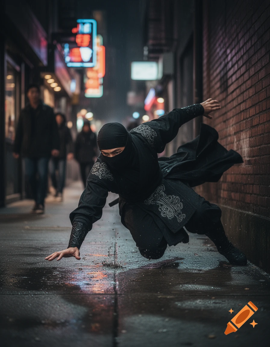 A photorealistic ninja in black clothing falls on a wet city street at night, with blurred neon signs in the background.