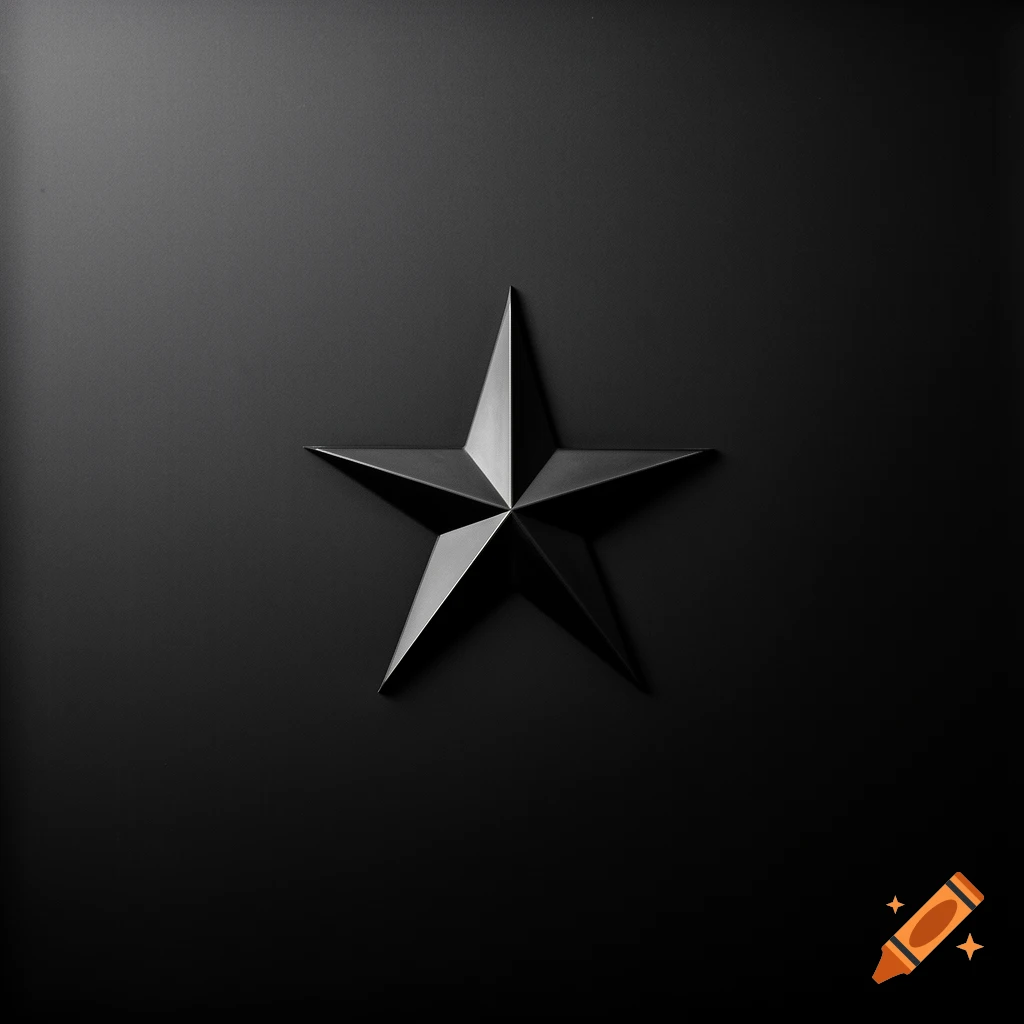 A minimalist black five-pointed star with sharp facets on a dark gray or black background.