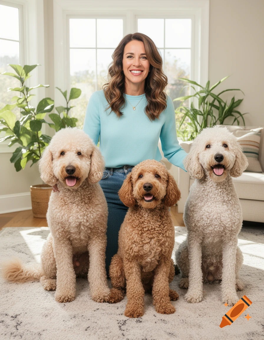 Smiling woman in a blue sweater kneeling between three fluffy dogs, two cream and one brown, in a bright living room.