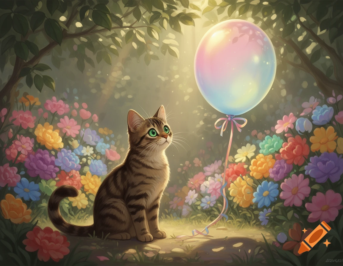 A cute tabby cat with green eyes sits in a lush, colorful flower field, looking up at a floating iridescent rainbow balloon.