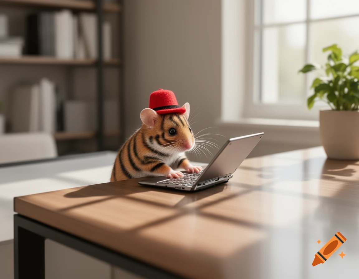 A cute mouse with tiger stripes and a red hat typing on a silver laptop on a wooden desk in an office.