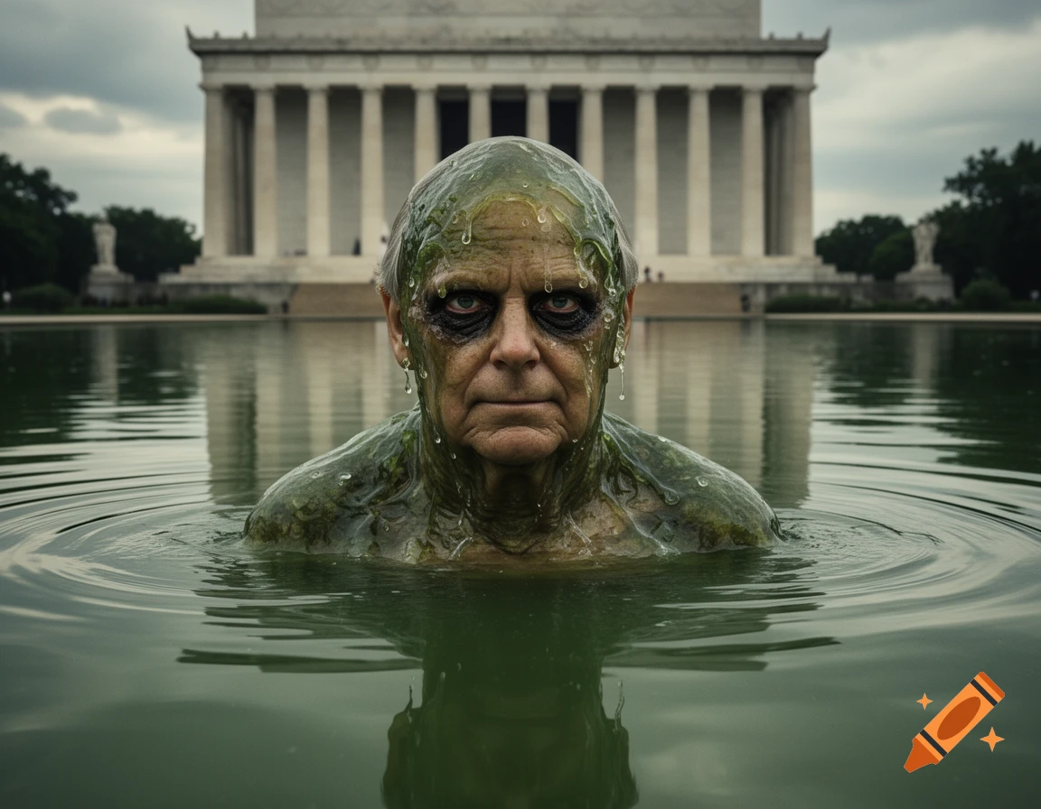 A slimy, creature-like figure resembling Mitch McConnell emerges from a green reflection pool in front of the Lincoln Memorial.