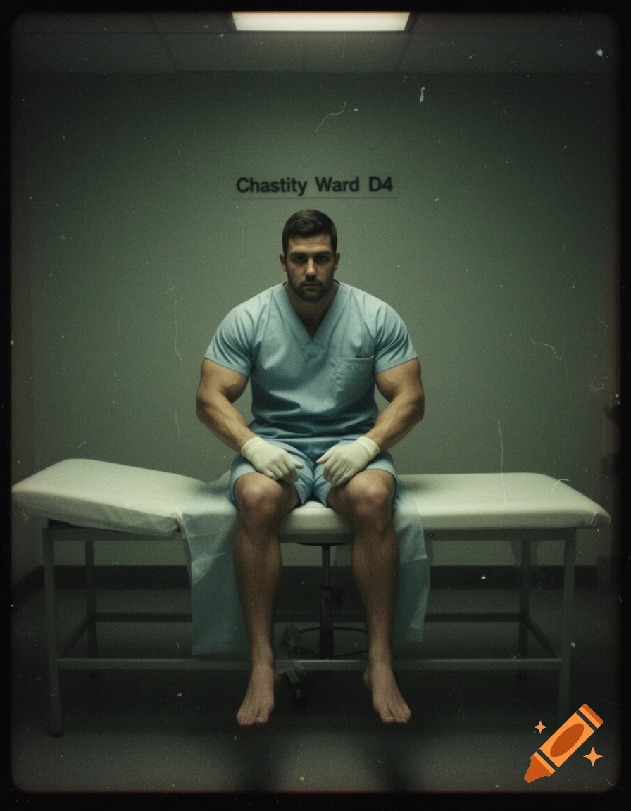 Vhs-style photo of a muscular man in scrubs and gloves sitting on an exam table in a sparse room with 'Chastity Ward D4' on the wall.