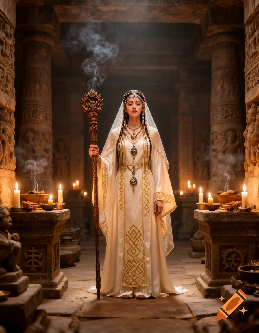 A solemn priestess in a white and gold ceremonial robe holds an ornate staff amidst ancient temple ruins with burning candles and incense.