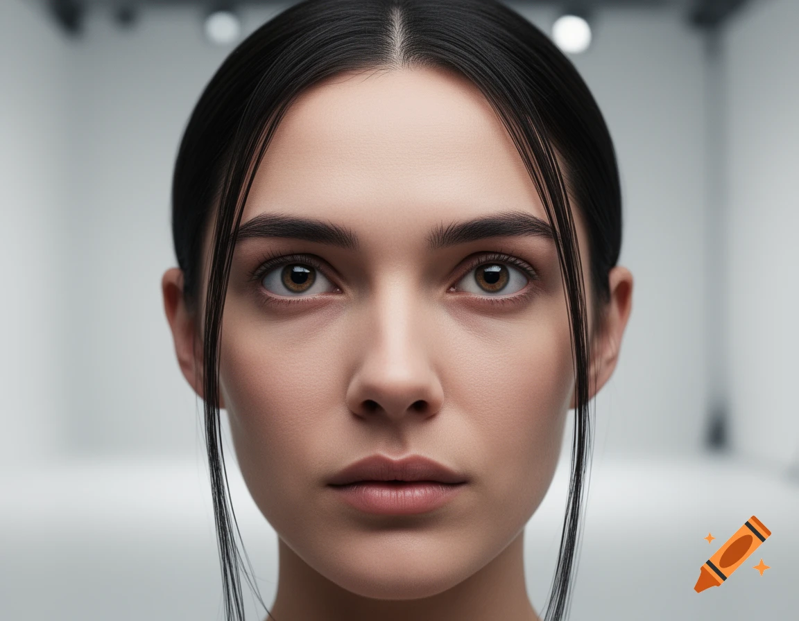 Close-up, head-on portrait of a young woman with dark hair pulled back, with two thin strands framing her face, against a blurred, light background.