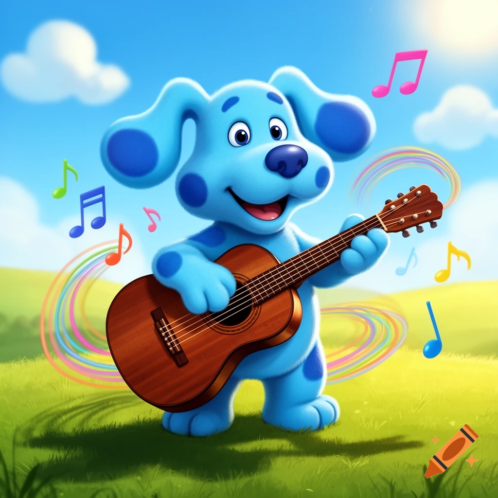 Blue's Clues dog playing an acoustic guitar in a sunny field with colorful musical notes and rainbow trails.
