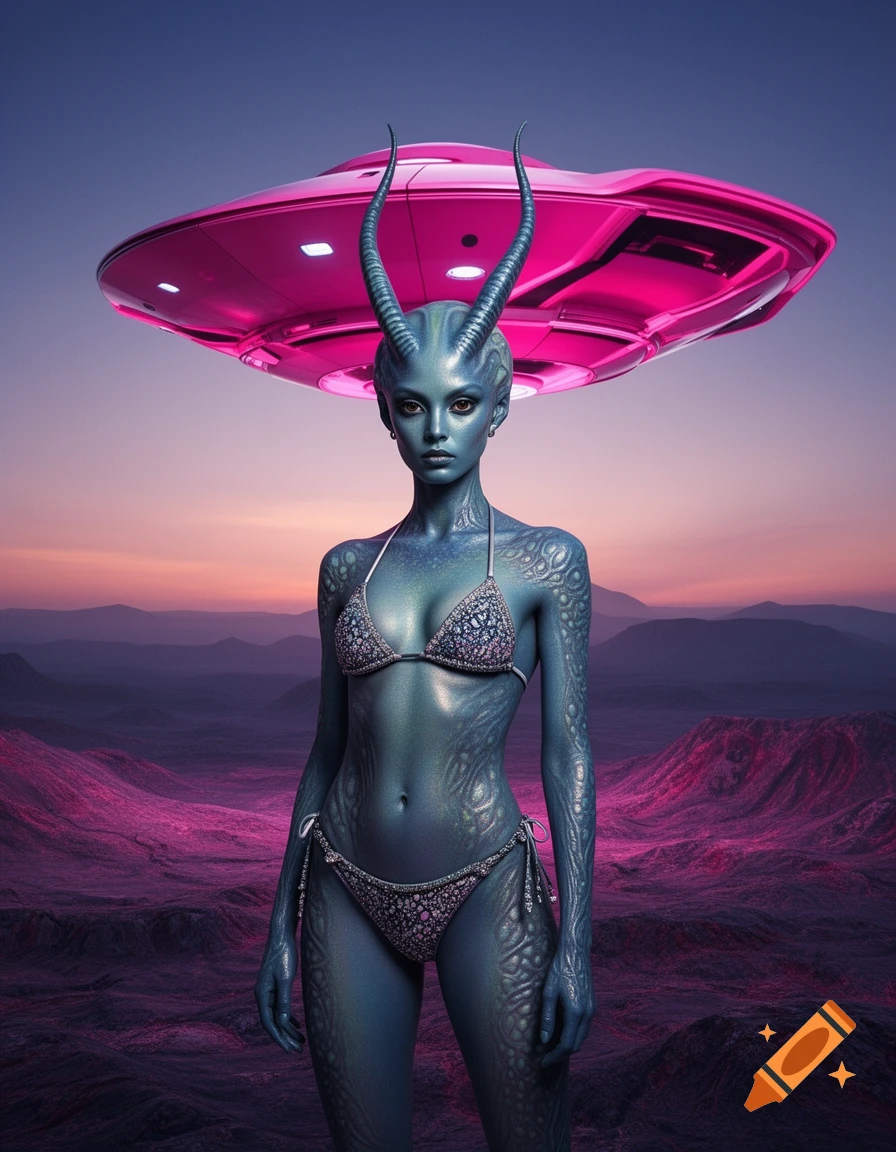 Blue alien woman with horns in a bikini stands on a purple alien planet with a pink UFO above at twilight, photorealistic.