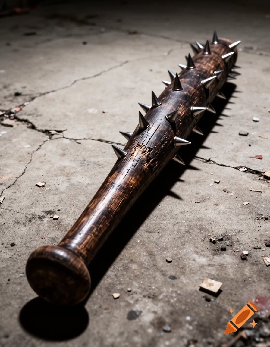 A menacing wooden baseball bat covered in sharp metal spikes lies on a cracked concrete floor in dim light.