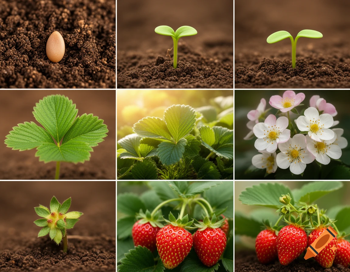A 3x3 grid showing the life cycle of a strawberry plant, from seed to sprout, young plant, flowers, and ripe red strawberries.
