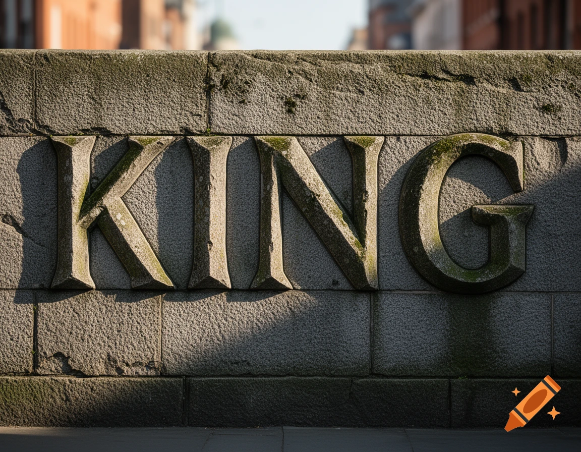 Photorealistic close-up of the word 'KING' carved into a weathered, moss-covered stone wall, illuminated by sunlight.
