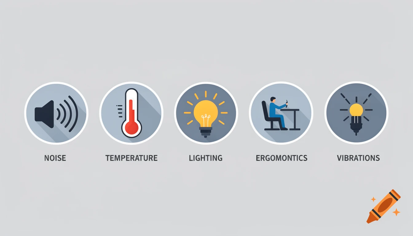 Five flat-design icons representing workplace risks: noise, temperature, lighting, ergonomics, and vibrations.