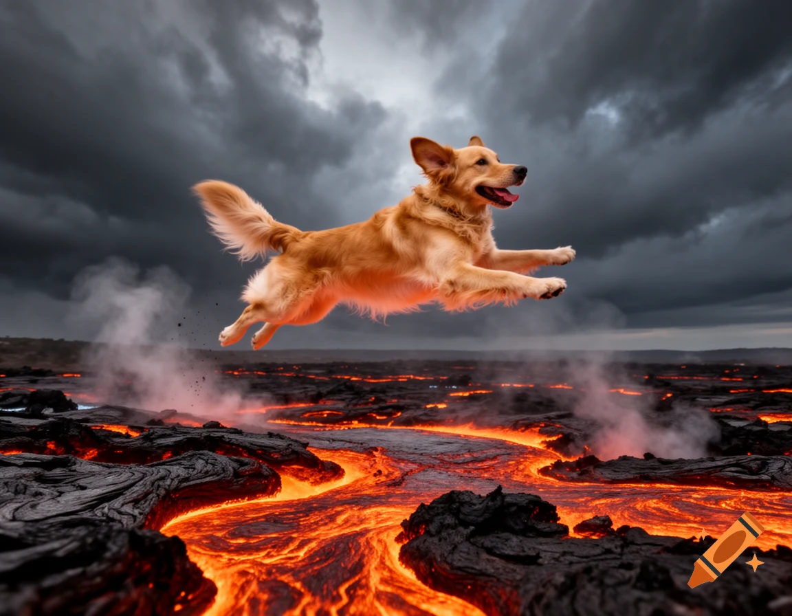 A golden retriever dog is leaping over a fiery landscape of molten lava under a dramatic, cloudy sky.