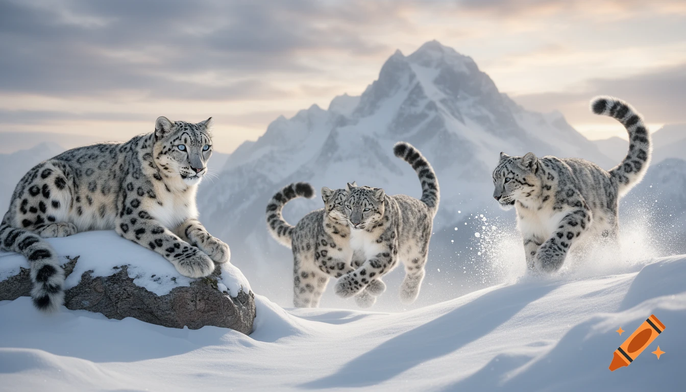 Three snow leopards in a photorealistic style, one lies on a snow-covered rock, two run through fresh snow with mountains in the background.