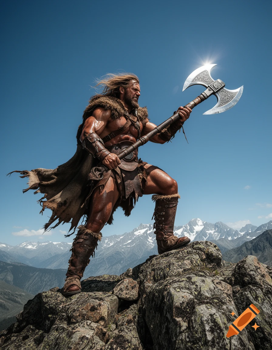 A muscular barbarian warrior in fur armor stands on a rocky mountain peak, holding a large two-handed axe. Photorealistic.