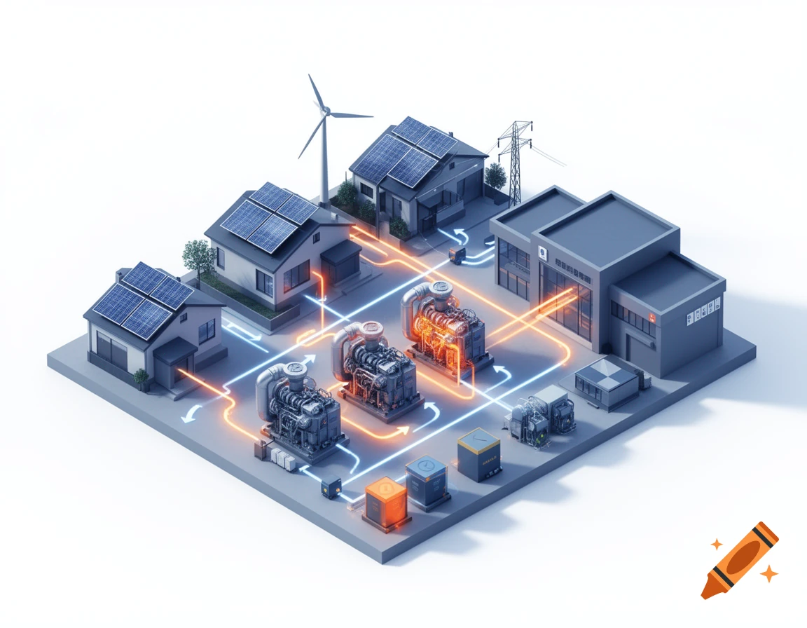 Isometric technical illustration of a microgrid energy system connecting buildings, solar panels, a wind turbine, and industrial generators.