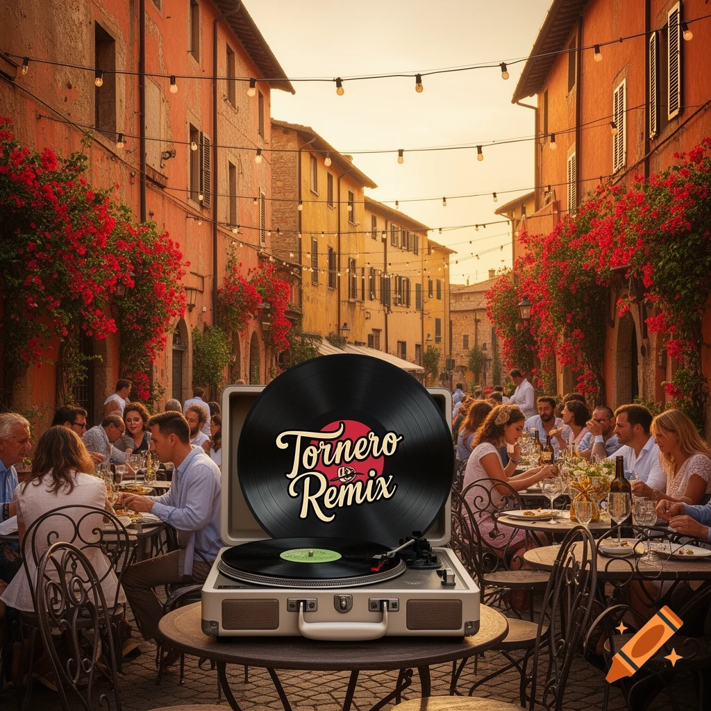 A record player with a 'Tornero Remix' vinyl sits on a table in a bustling outdoor Italian street lined with red bougainvillea, where people dine at sunset.