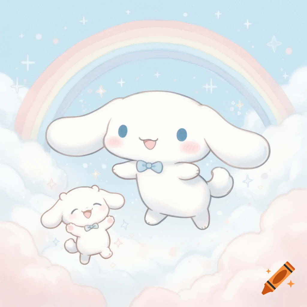 Two cute white Sanrio characters, Cinnamoroll and Milk, float joyfully among pastel clouds under a rainbow in a light blue sky.