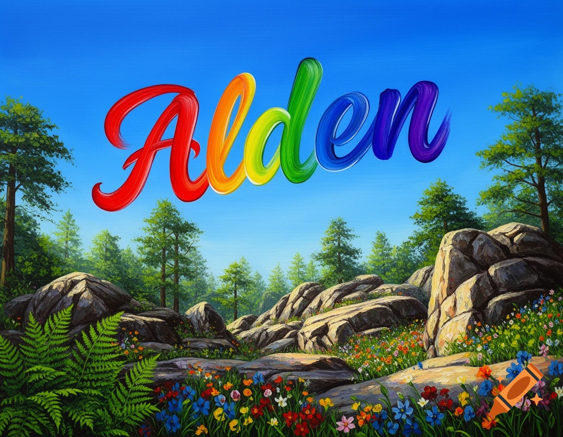 Rainbow-painted name 'Alden' floating above a lush, rocky forest landscape with wildflowers and blue sky.