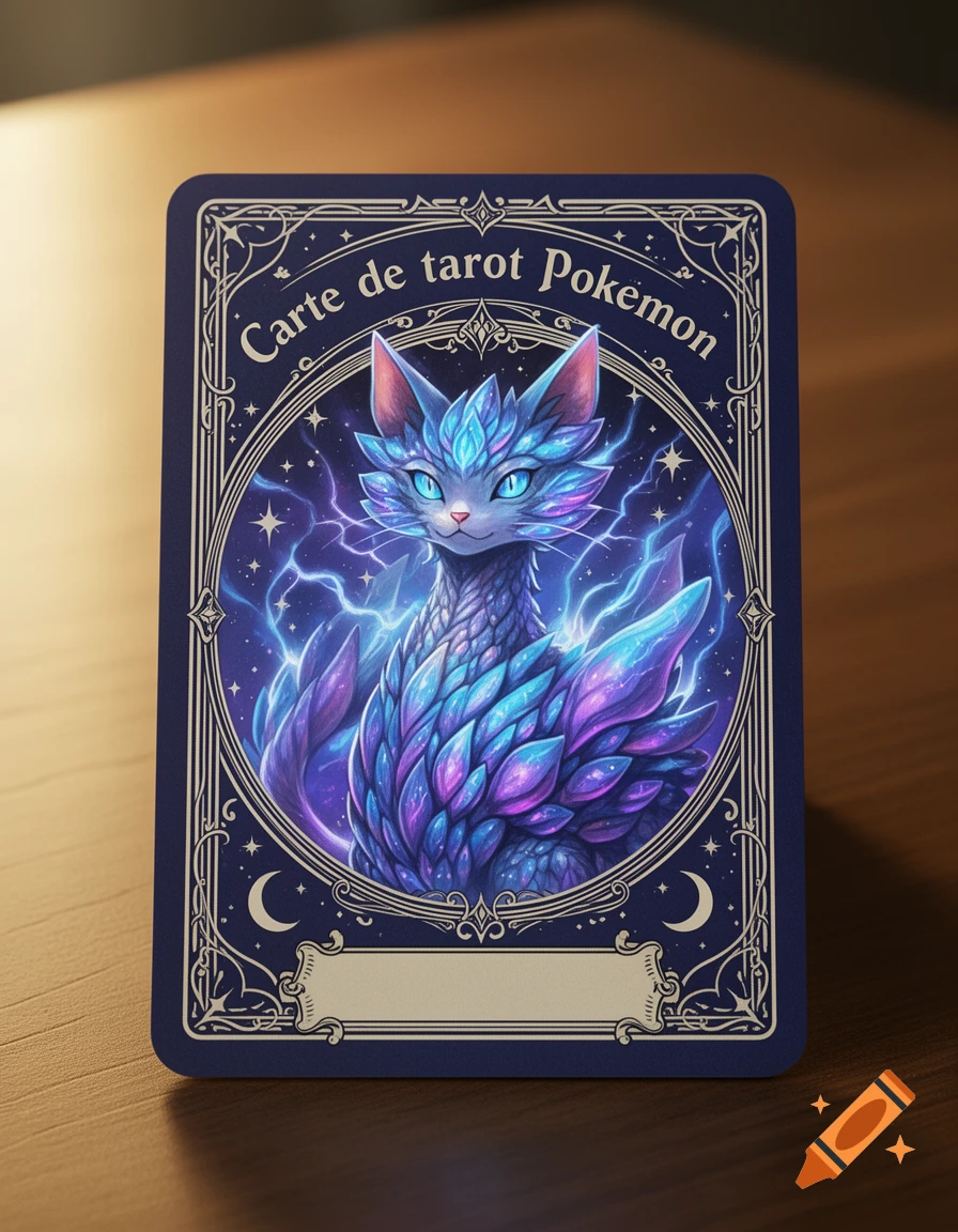 A fantasy blue and purple crystal cat creature on a dark blue tarot card with ornate gold borders and text 'Carte de tarot Pokemon'.