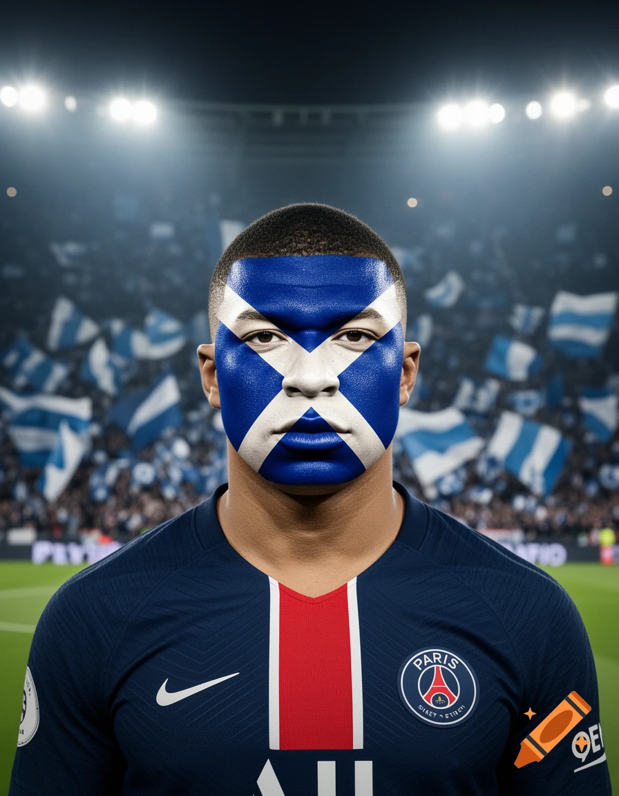 Ultra-realistic portrait of Kylian Mbapp Yankface painted with a Scottish flag, wearing a dark blue PSG kit in a stadium.