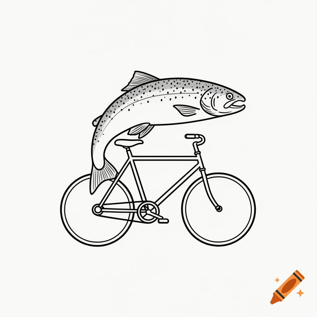Black and white line art of a speckled trout leaping over a bicycle, on a plain white background.