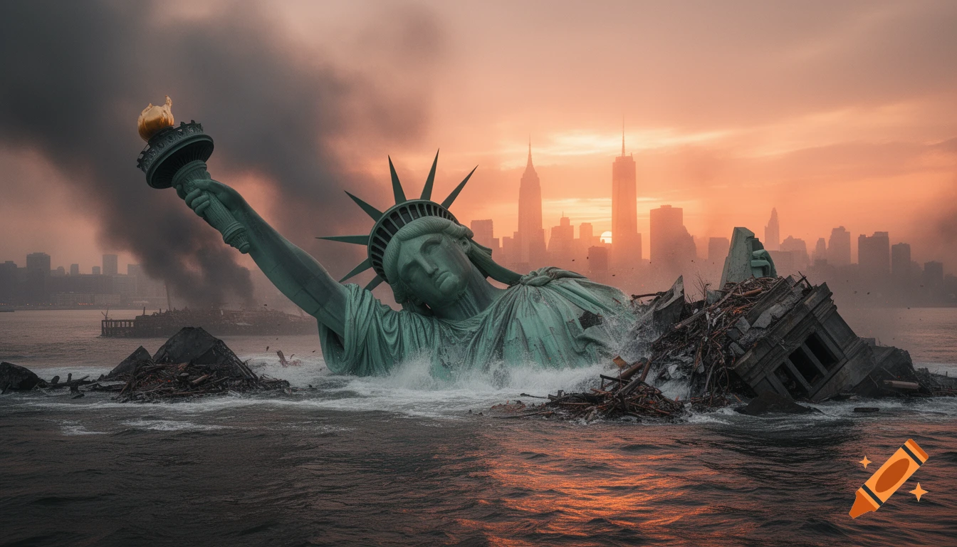 The fallen Statue of Liberty partially submerged in water amidst debris, with a smoky city skyline at sunset.