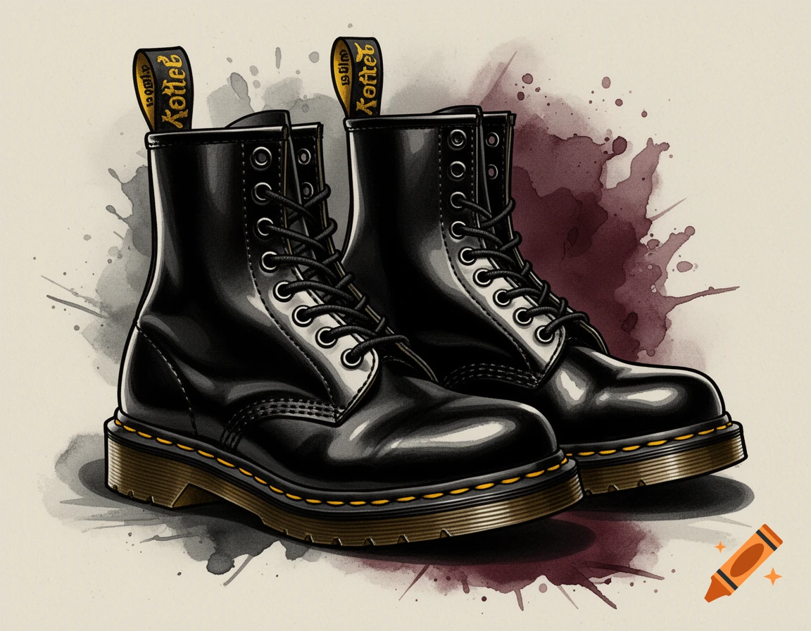 Stylized illustration of a pair of shiny black lace-up boots with yellow stitching and tags, on a splatter background.