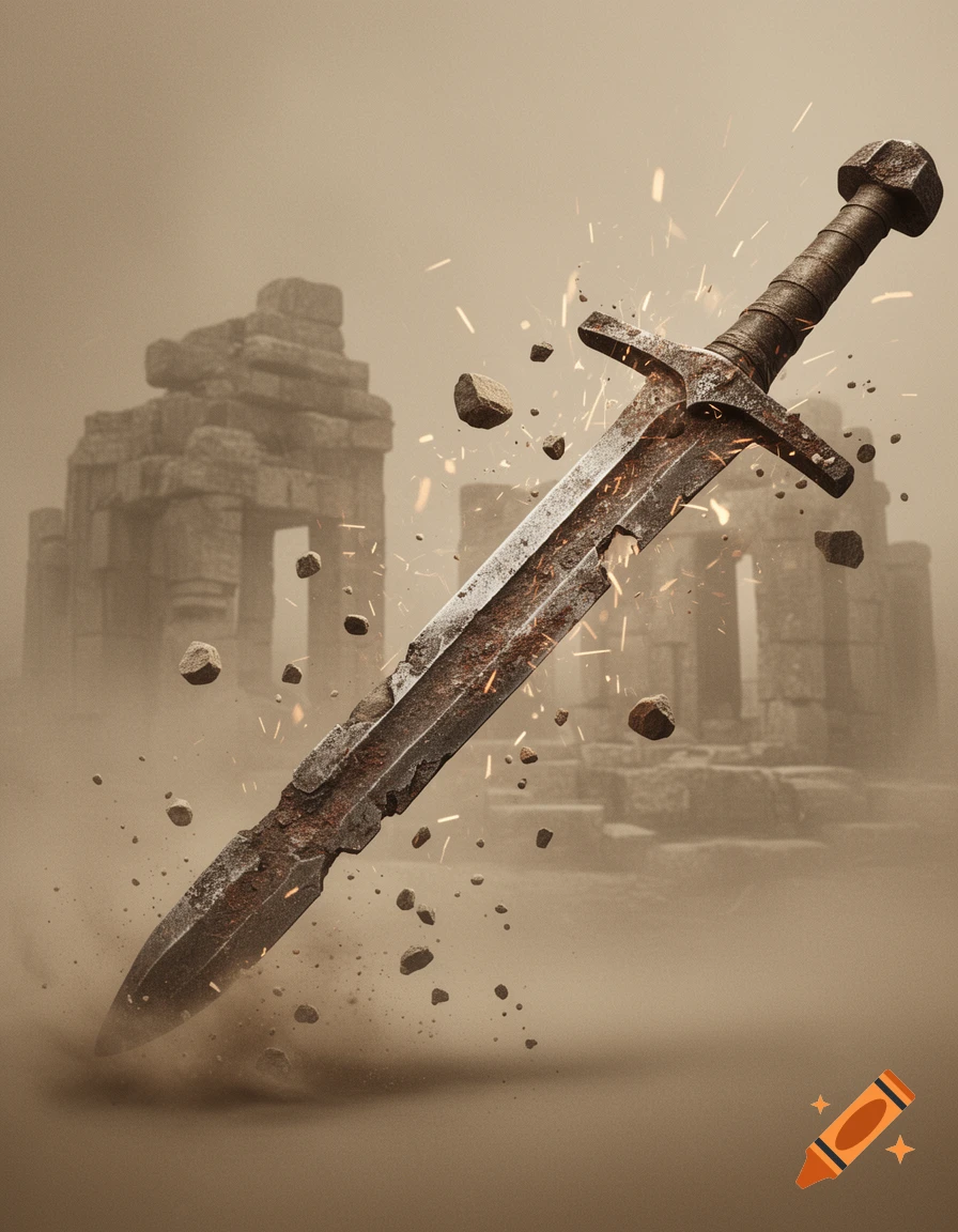 A worn iron sword slashes into dusty ground, surrounded by flying stone fragments and sparks, with blurred ancient ruins in the background.