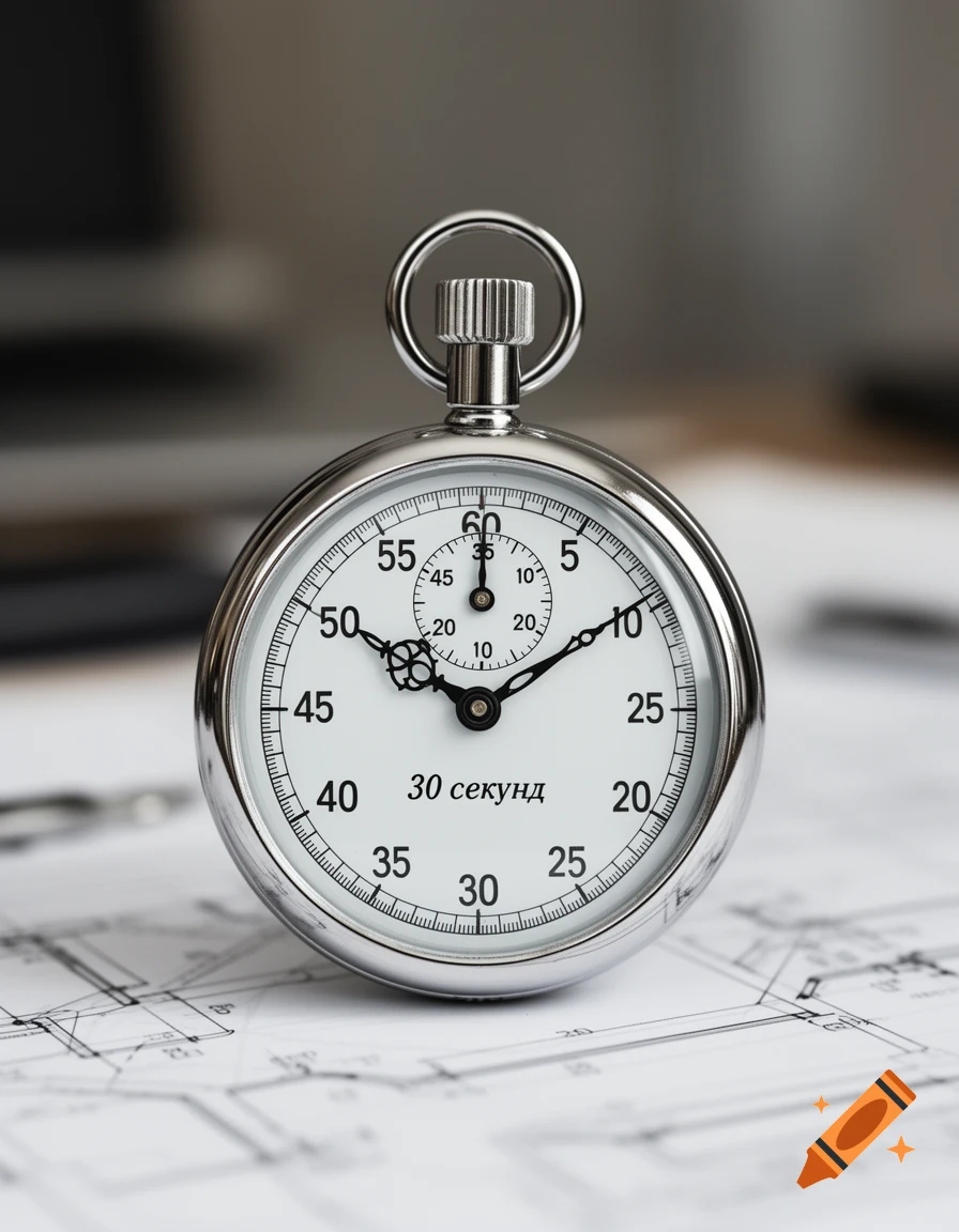 Close-up of a silver stopwatch with '30 секунд' on its face, resting on architectural blueprints.