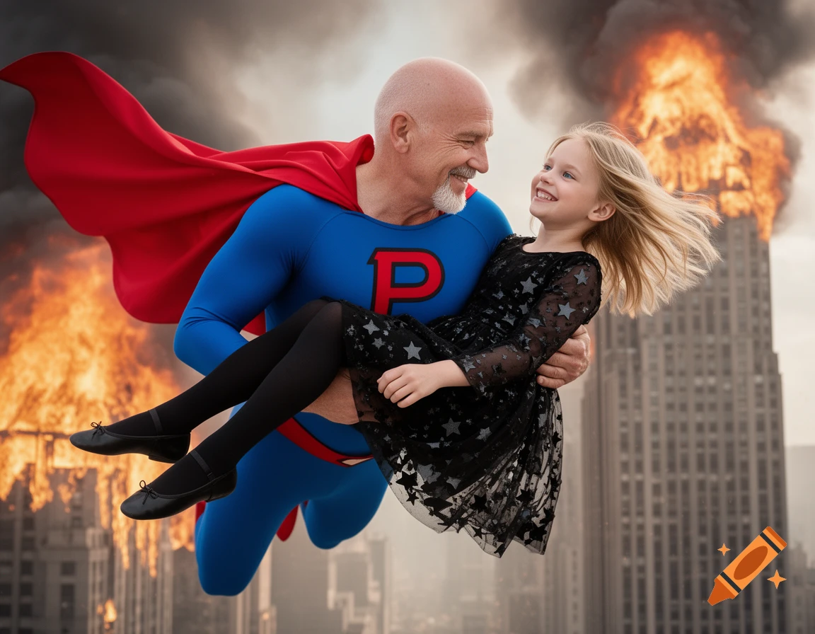A bald man in a blue superhero suit and red cape flies, holding a smiling blonde girl, with a burning skyscraper behind them.