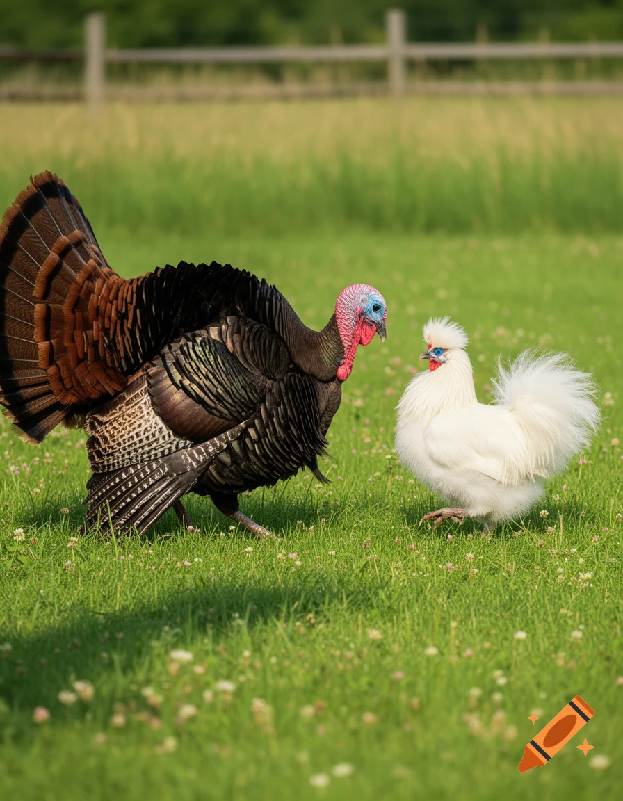 A large wild turkey and a white fluffy silkie chicken face each other in a sunny green field.