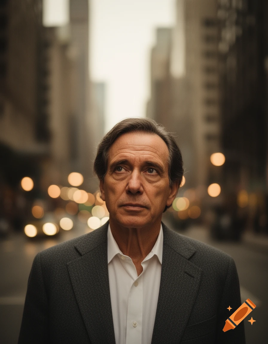 A man in a suit looks up, standing in a city street at dusk with blurred lights in the background. Photorealistic style.