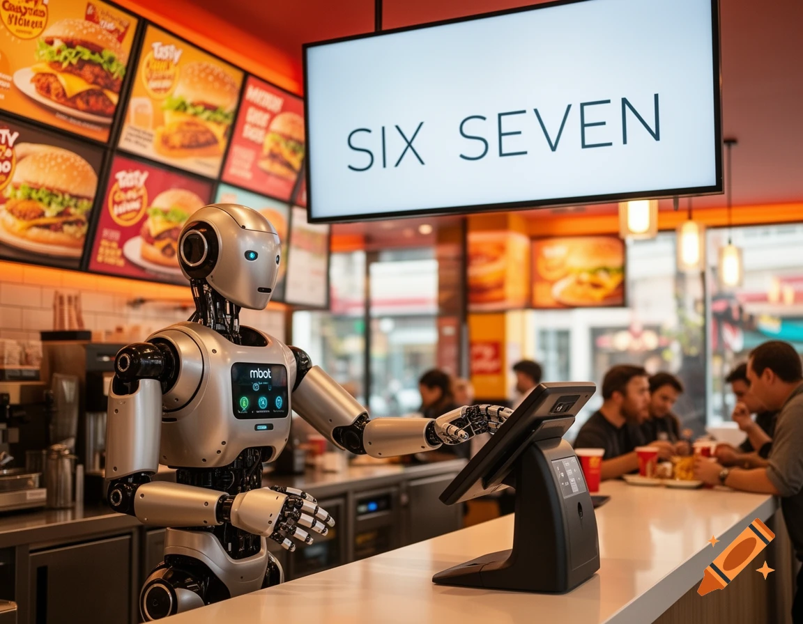 Photorealistic image of a humanoid robot working at the counter in a modern fast-food restaurant, with "SIX SEVEN" on a screen above.